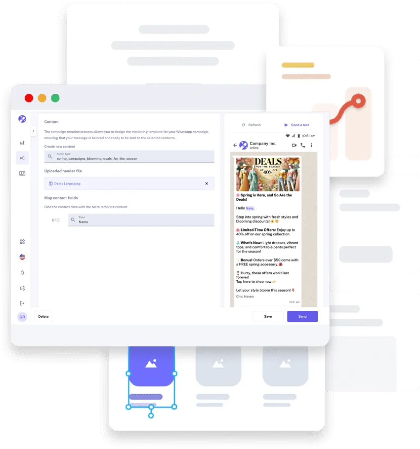 Interfaz de Spellty Campaigns con la vista previa de una campaña de WhatsApp