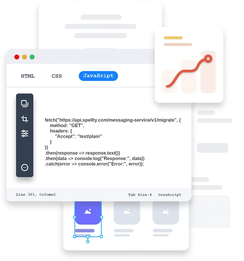 Petición y respuesta de Spellty Messaging API en un editor de código