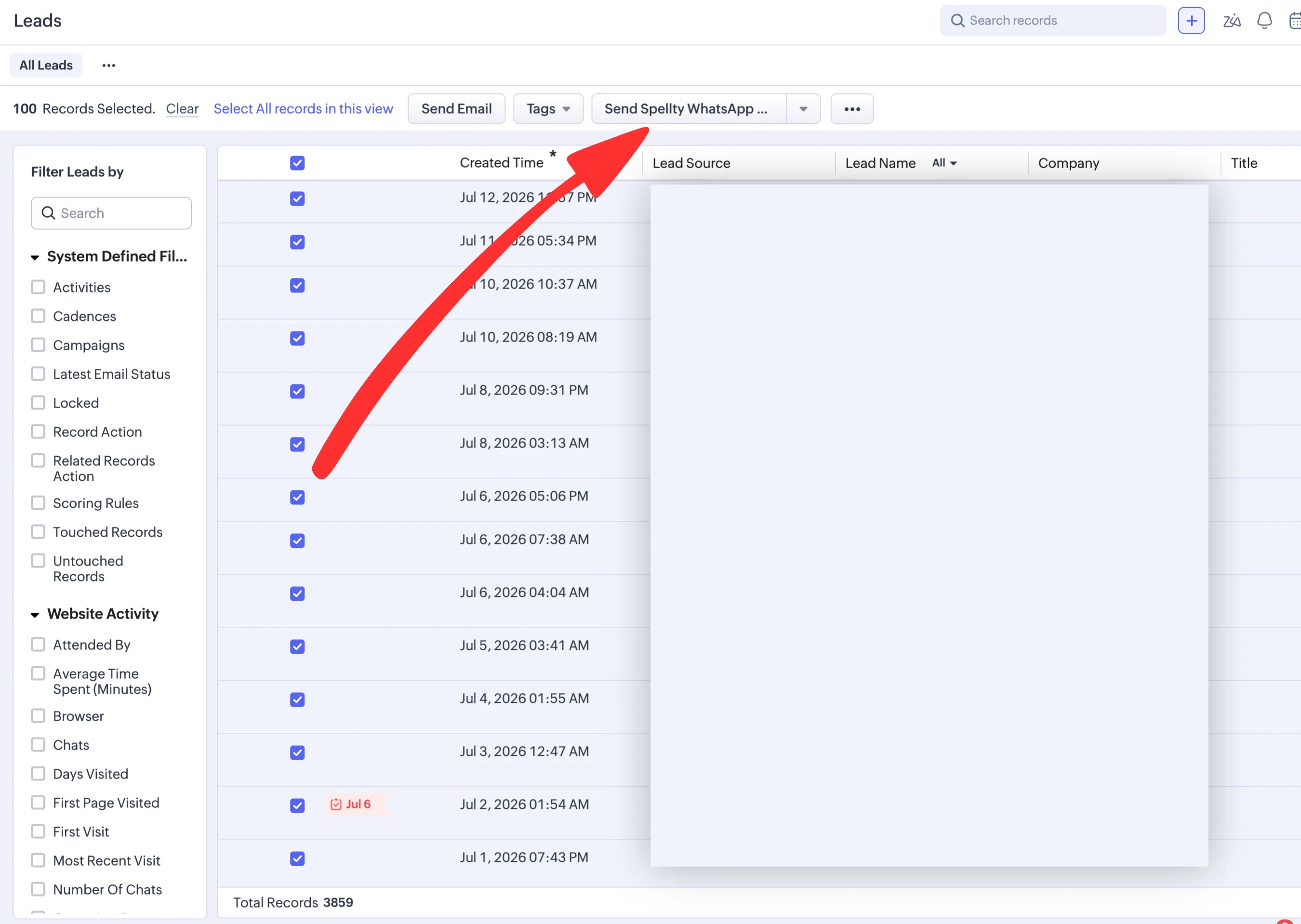 Zoho CRM Send WhatsApp message button, step 1