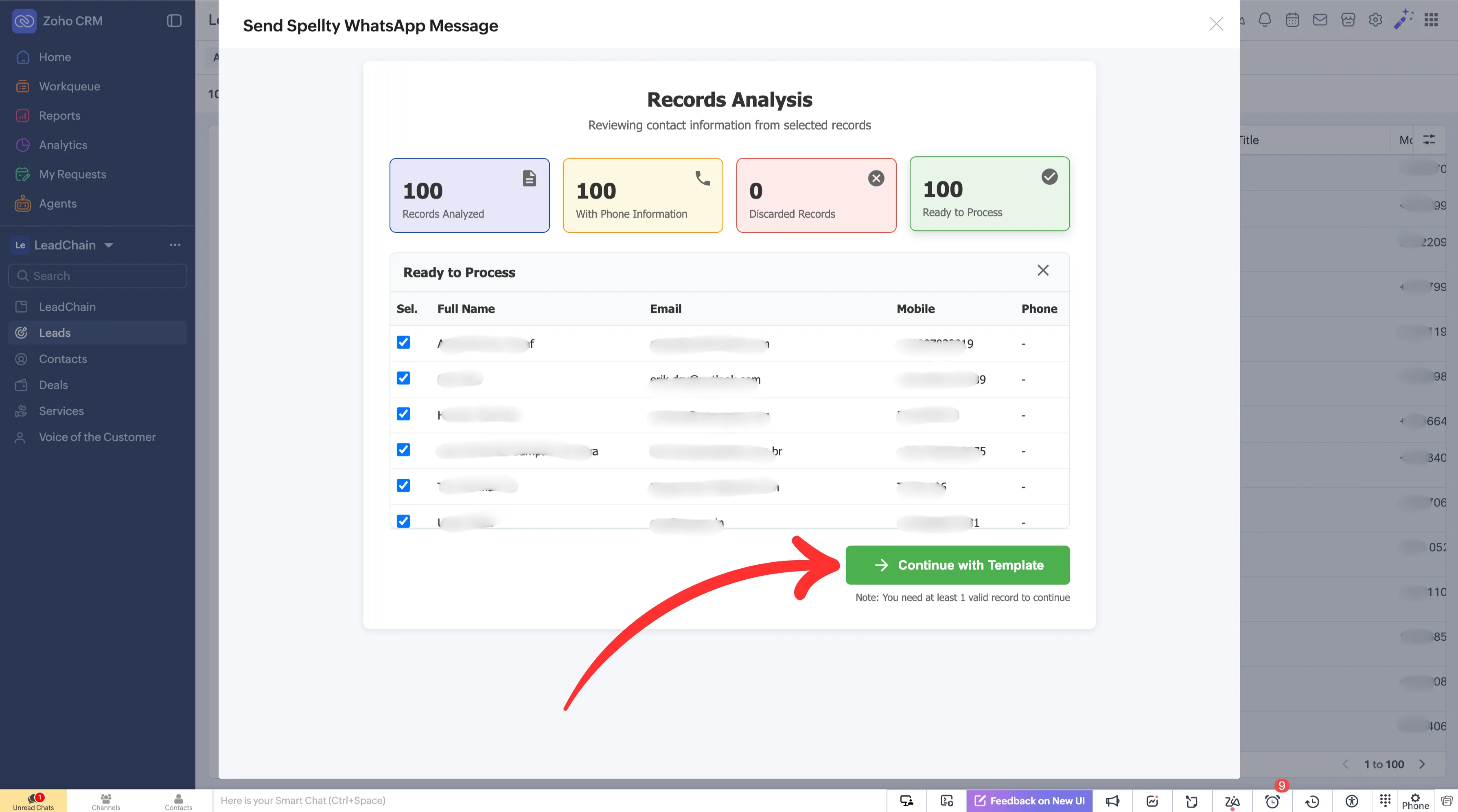 Zoho CRM Send WhatsApp message button, step 2