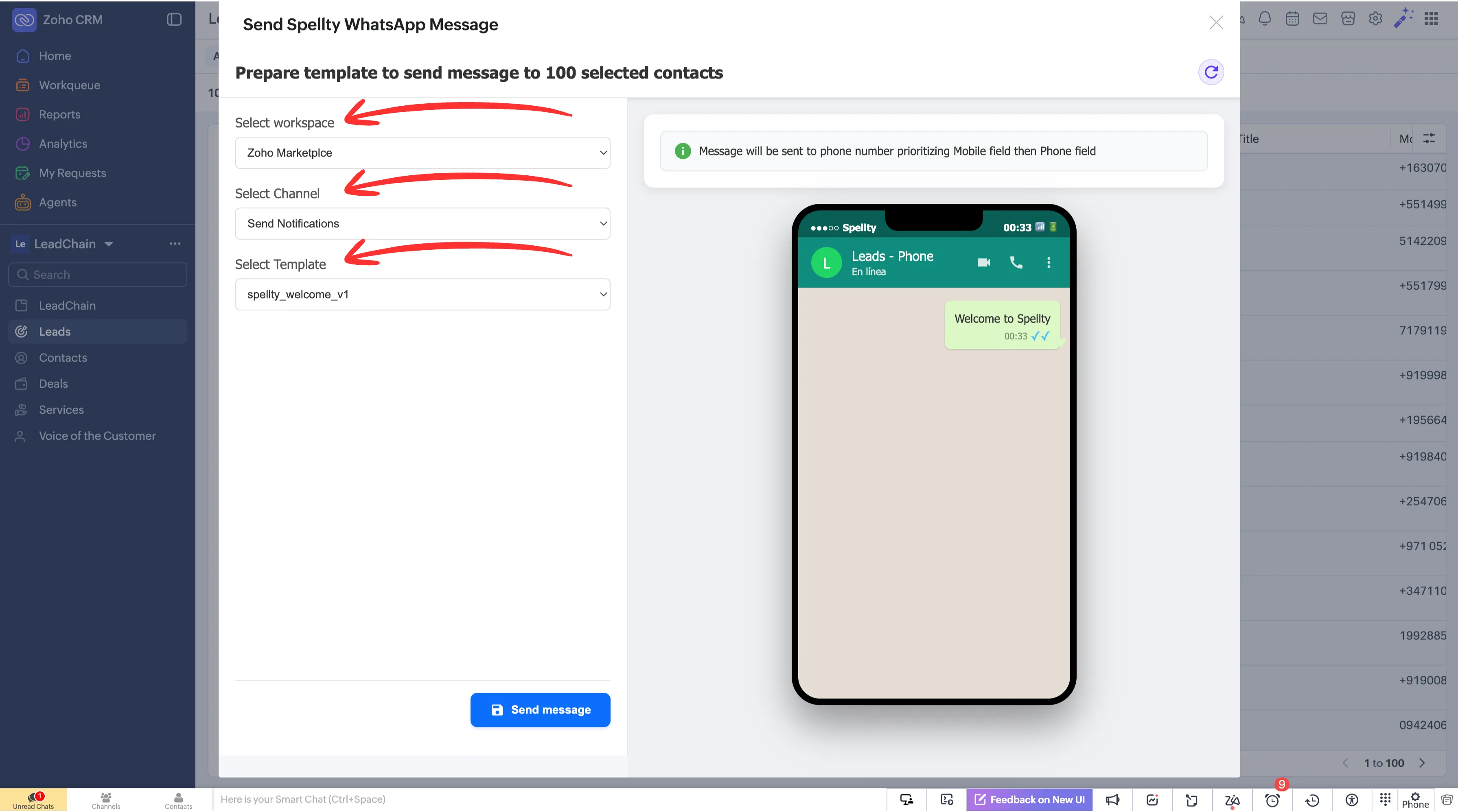 Zoho CRM Send WhatsApp message button, step 3