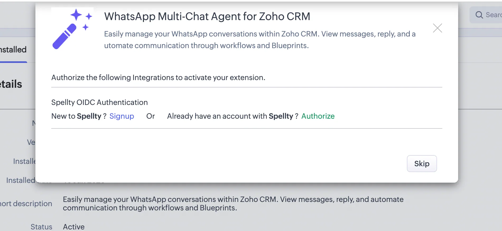 Authorizing the Spellty app in Zoho