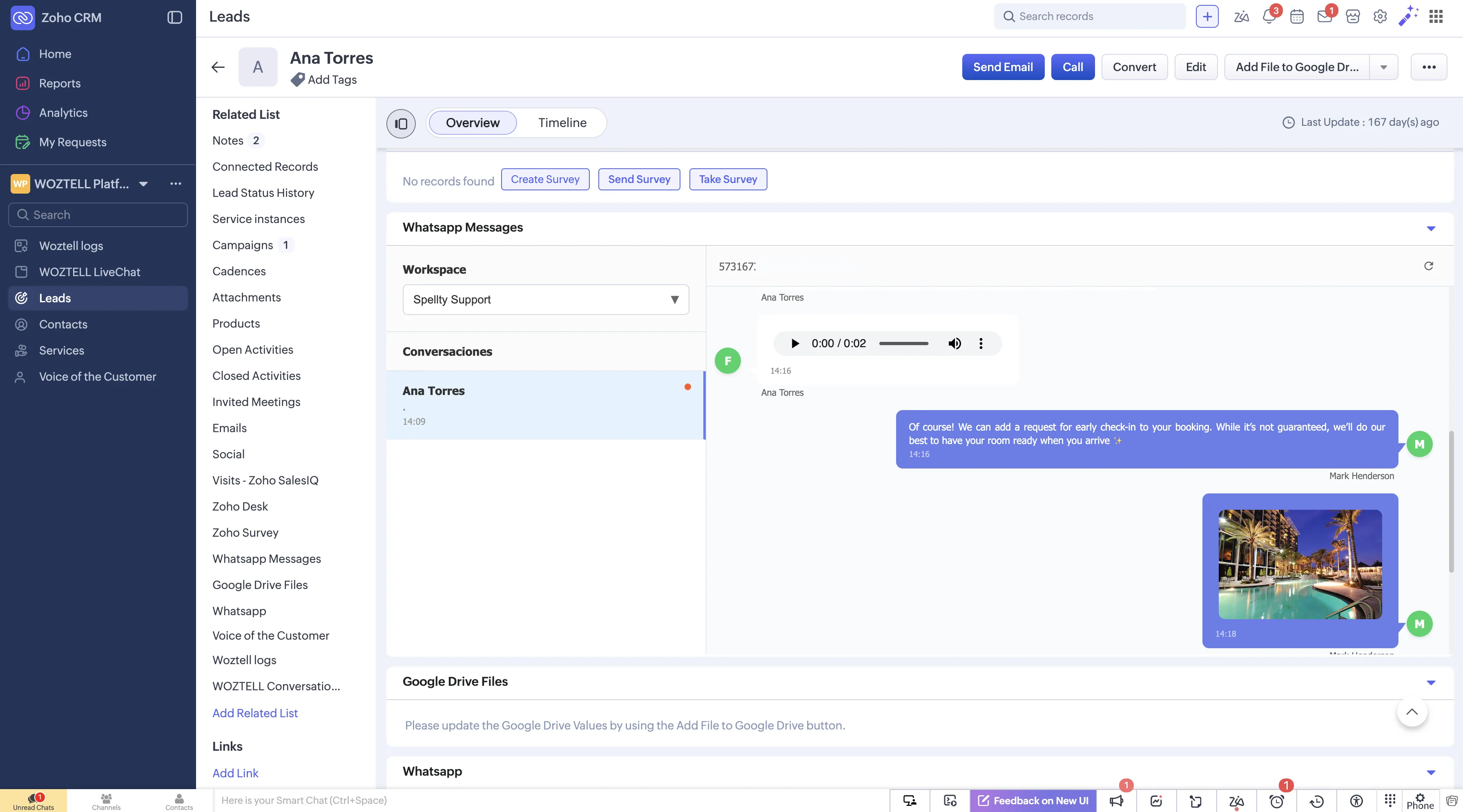 WhatsApp messages listed inside a Zoho CRM record