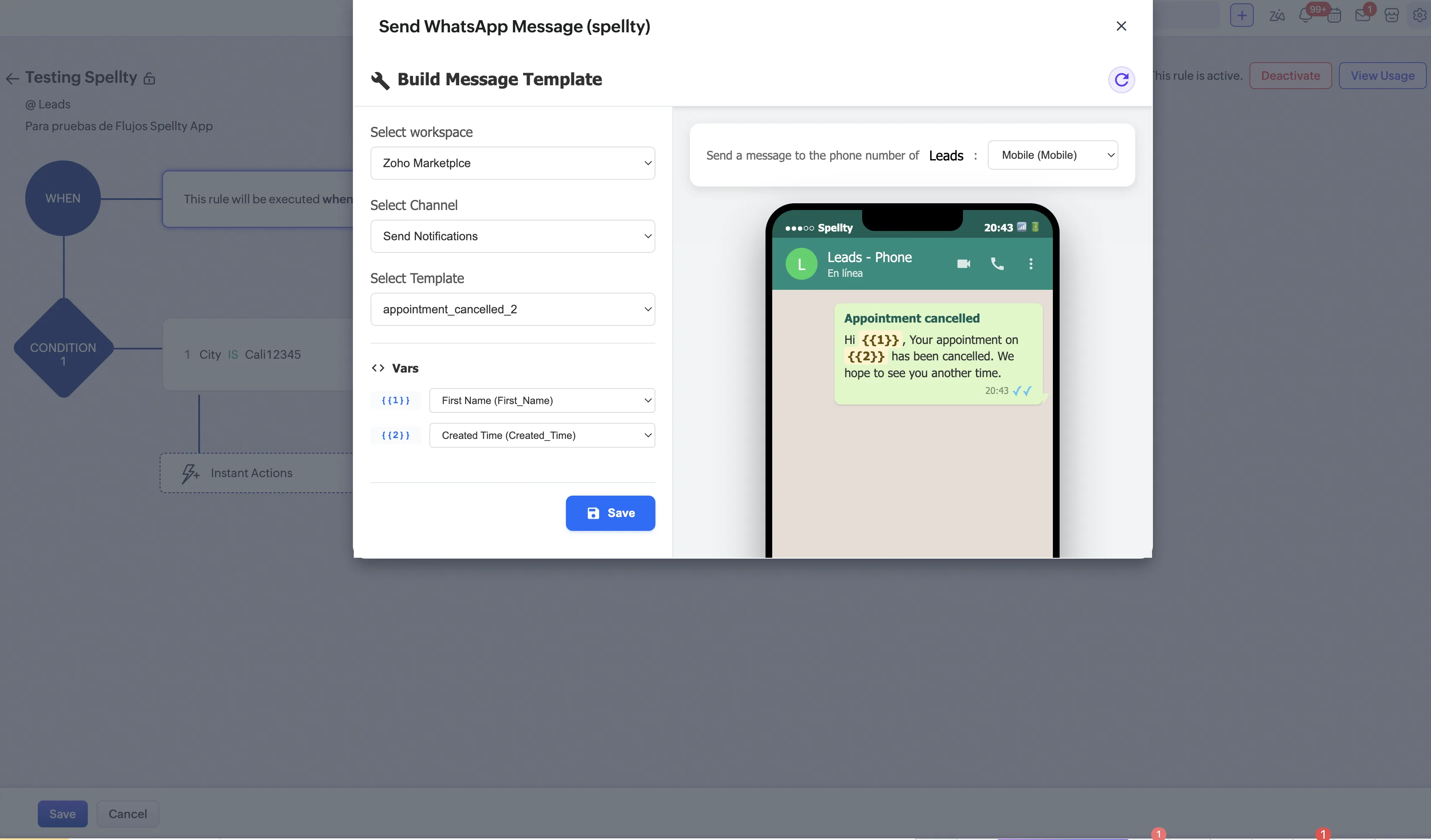 Zoho CRM workflow that sends WhatsApp messages